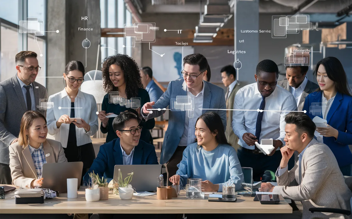 A realistic image of diverse professionals from various industries collaborating with transparent digital flowcharts and interconnected workflow elements, illustrating no-code business process automation.