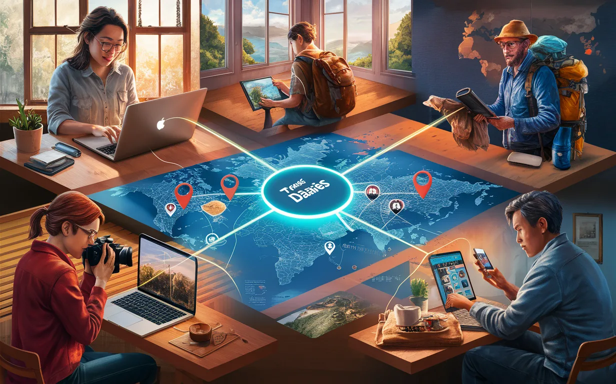 Detailed realistic image showing diverse travelers connected through a central digital travel diary platform, highlighting digital diary writers, solo travelers, long-term travelers, travel bloggers, and privacy-focused users in a natural light setting.