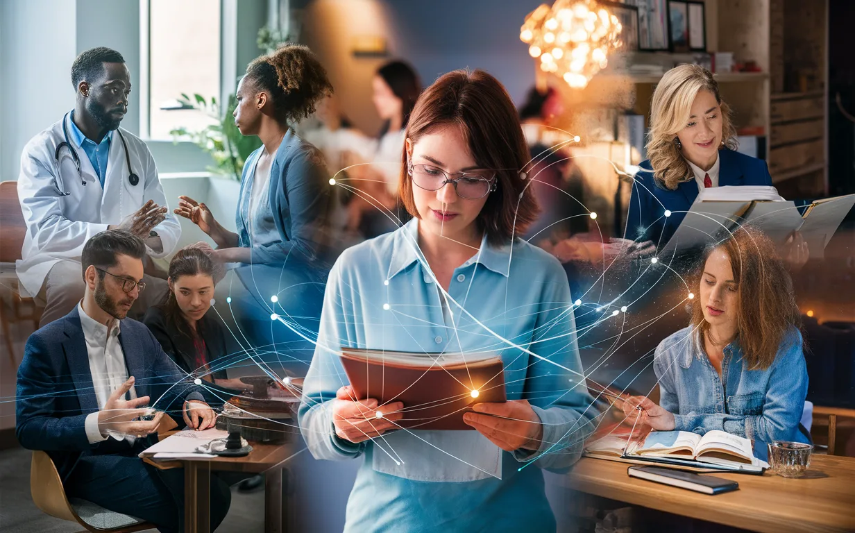 High-detail visual of multiple appointment-based businesses including medical, beauty, restaurant, consulting, education, and real estate sectors interconnected by a digital scheduling system.
