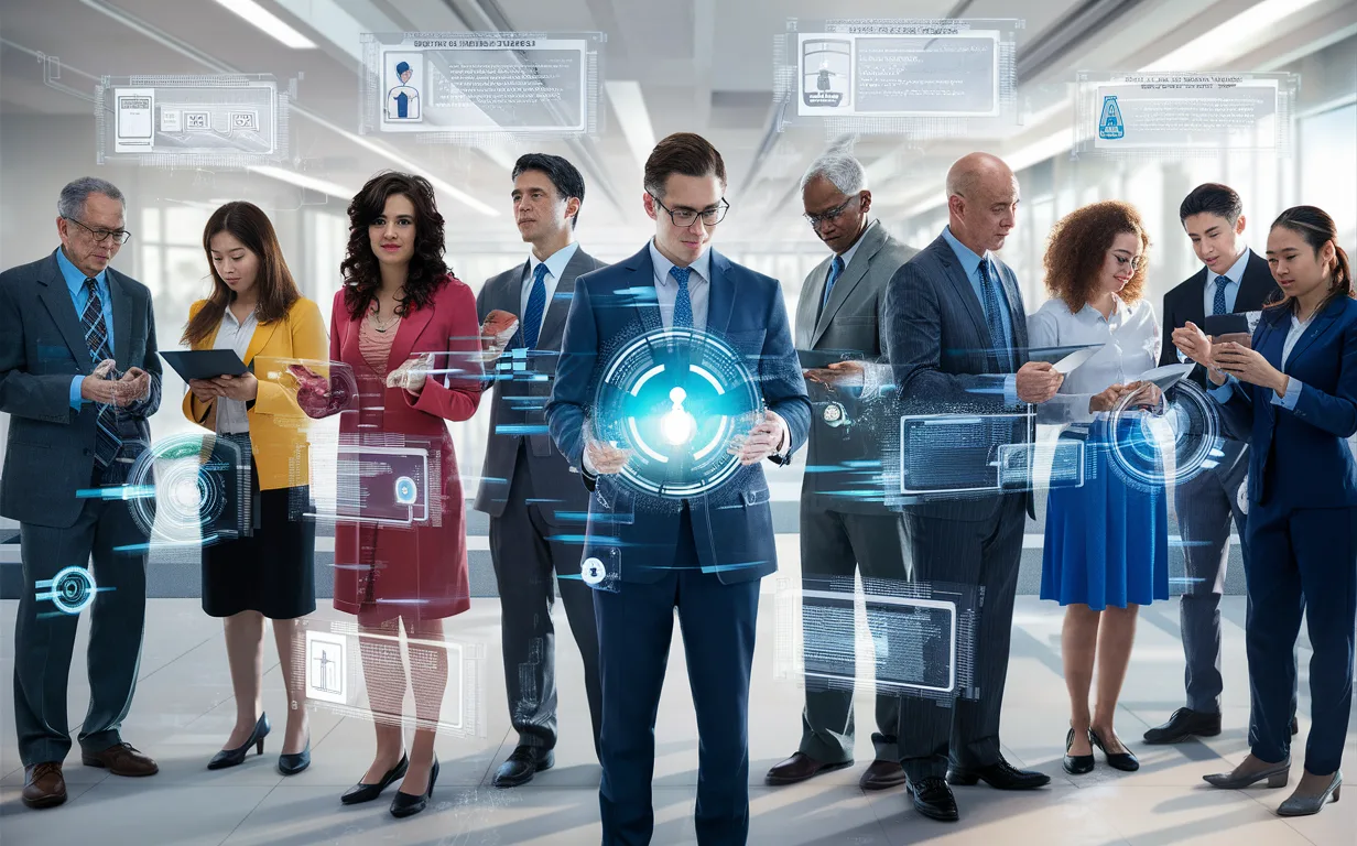 4K realistic image showing diverse professionals and students interacting with futuristic holograms representing secure online assessments across education, corporate, certification, and government sectors.