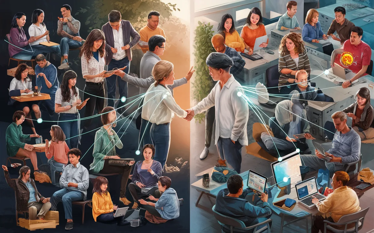 Realistic digital image showing two groups connected by a digital network: users seeking communities and organizers promoting them, representing a dual-sided platform for online community discovery and marketing.