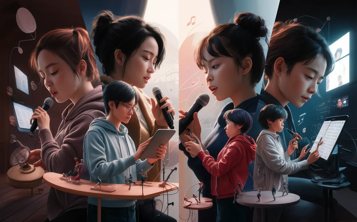 4K realistic image illustrating diverse users of an AI online singing platform: a hobbyist, beginner, amateur singer, and professional music student, all engaged in personalized vocal practice with digital devices.