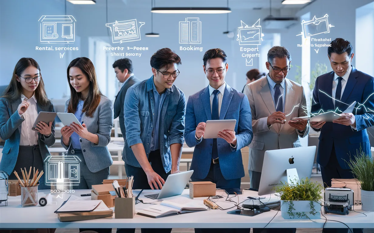 Photorealistic image depicting diverse individuals including startup founders, business professionals, and experts collaborating with floating digital diagrams illustrating various online marketplace services, in a modern office setting.