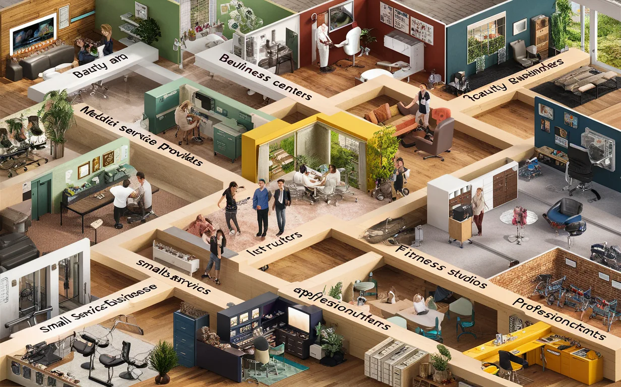 High-resolution realistic depiction of various small business types like salons, medical offices, fitness centers, and consultants using an online booking system, emphasizing time and schedule management.