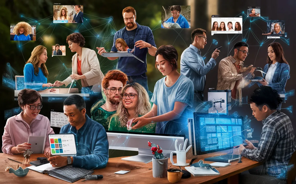 4K realistic image depicting diverse users of an online community platform, including educators, content creators, experts, SaaS teams, and membership businesses connected by digital networks.