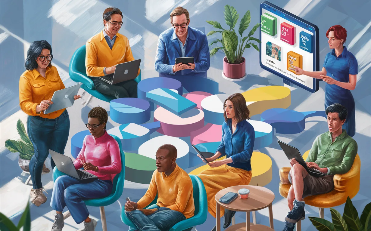 Diverse digital professionals using membership platform tools, connected by an abstract network diagram, in a bright, detailed tech environment.