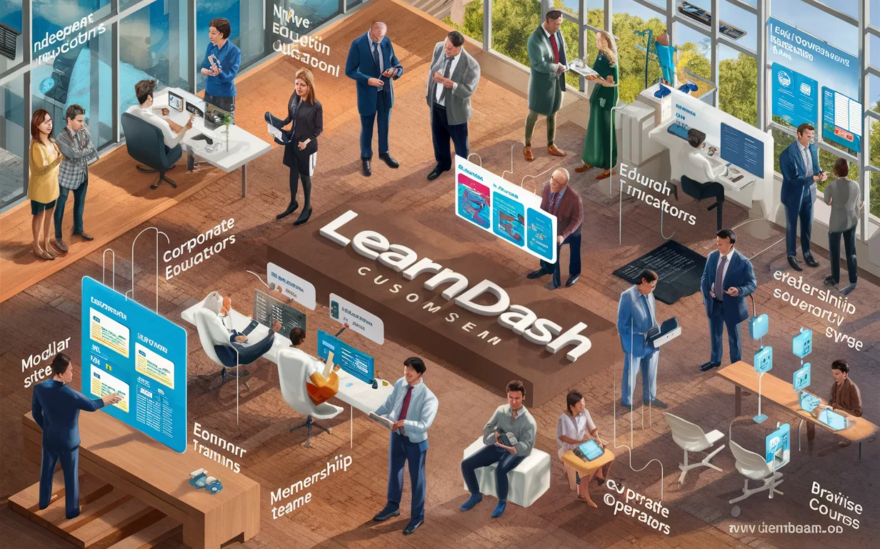 Diverse professionals interacting with digital course modules representing LearnDash customers such as educators, schools, corporations, membership sites, and developers in a realistic IT education environment.