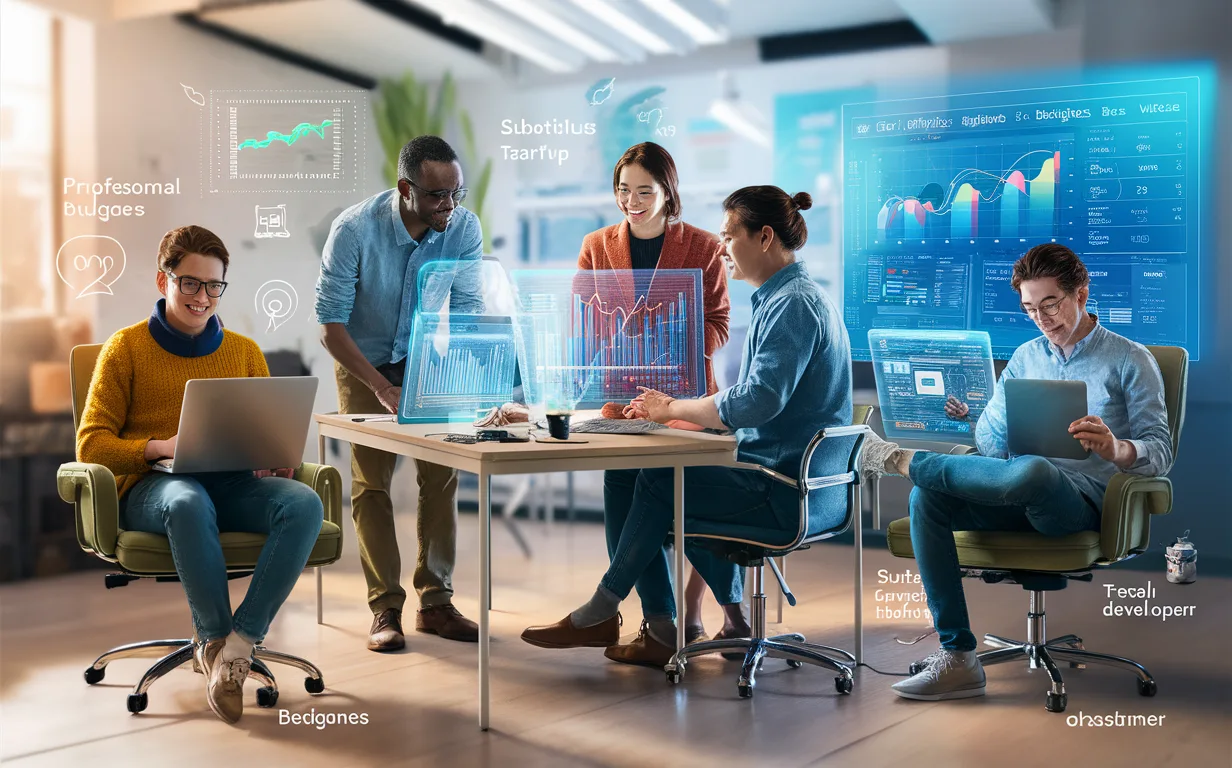 Realistic 4K image of diverse users including a personal blogger, a small business team, and a freelance developer working with holographic website analytics interfaces in a bright, modern office.