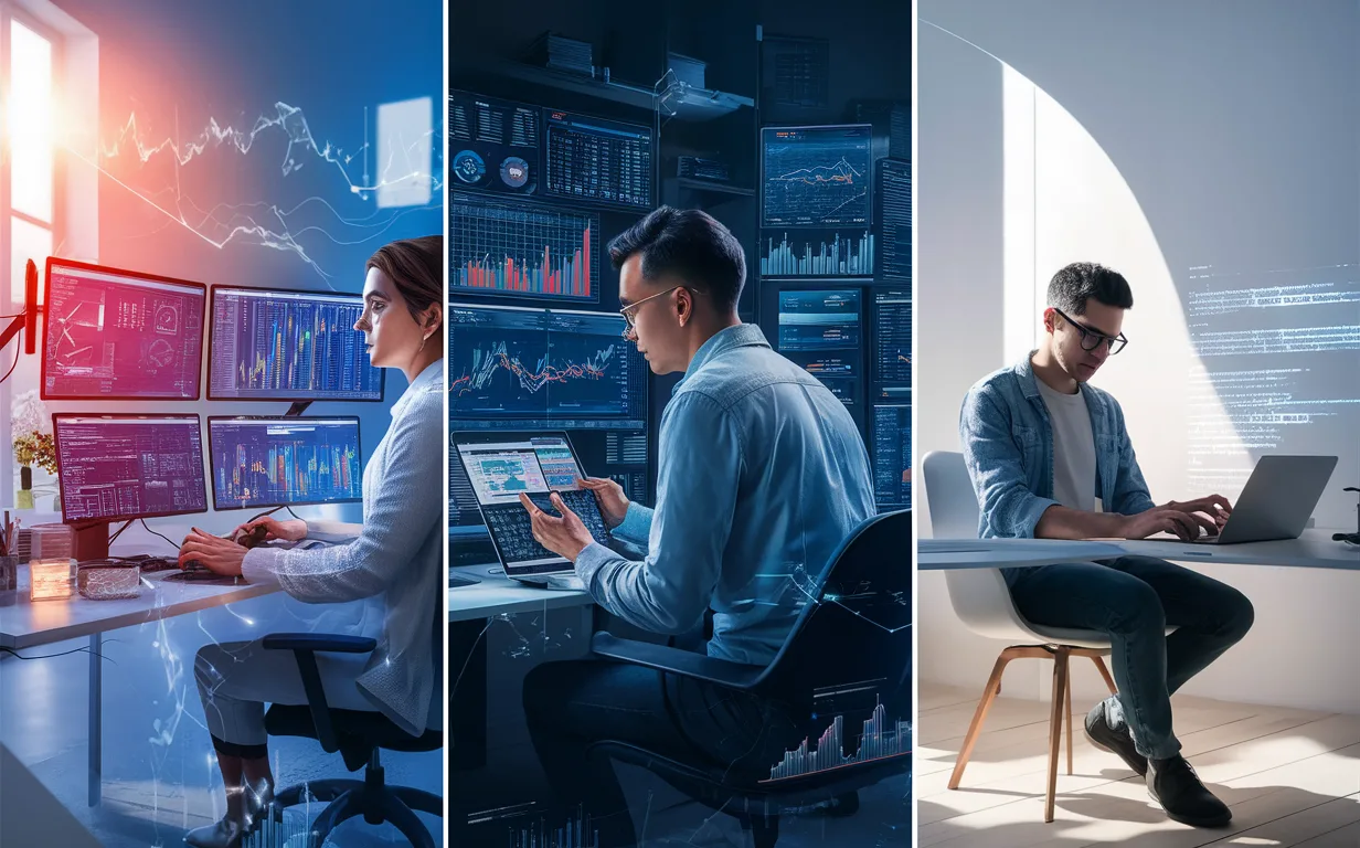 Realistic depiction of a data scientist, marketing analyst, and startup developer working with interconnected digital data streams and APIs in a modern, natural-lit tech workspace.