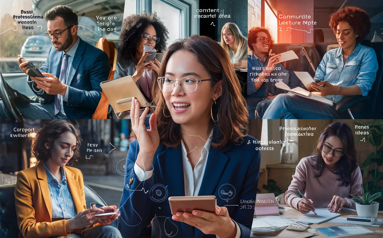 Realistic depiction of diverse professionals using a voice-to-text app across different settings, highlighting productive use of audio notes in daily work and creative activities.