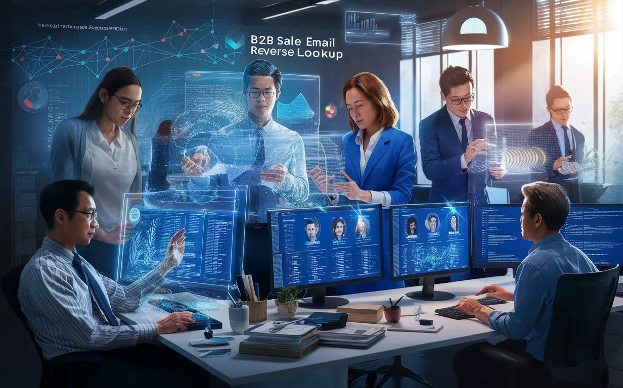 Illustration of diverse business professionals using digital tools for email reverse lookup and data analysis in a modern tech office, representing sales, marketing, recruiting, and development teams.