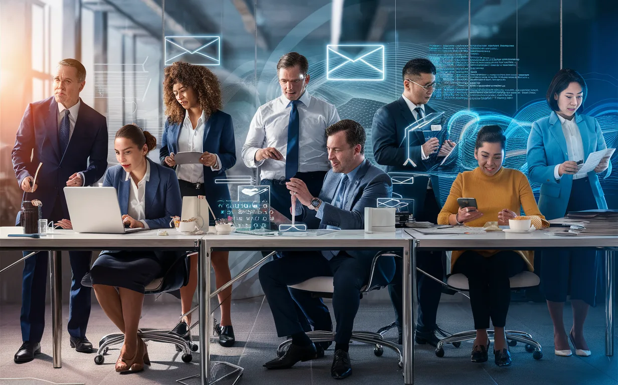 Realistic image of diverse professionals including executives, startup founders, online business owners, influencers, and consultants in a modern office managing a high volume of emails with high-tech digital interfaces.