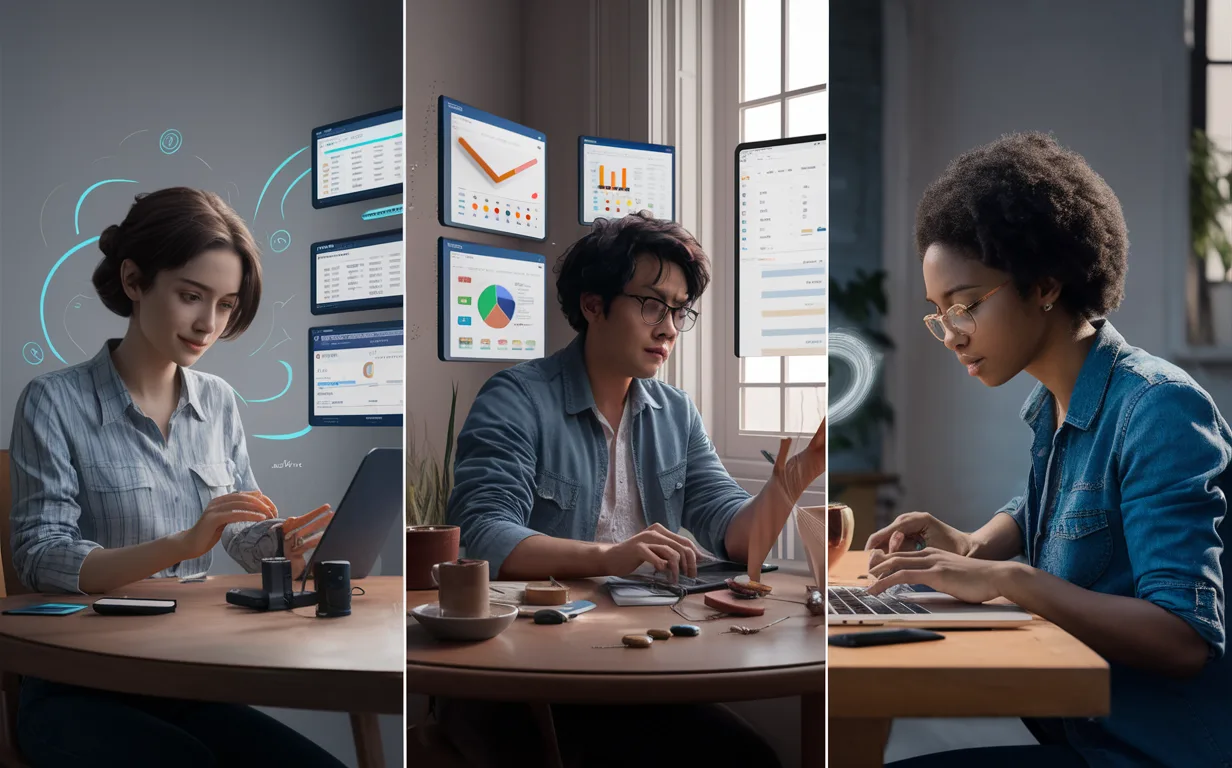 Realistic depiction of three user types for Letterwell: beginner creators, intermediate users seeking simplicity, and focused content creators in a modern workspace.