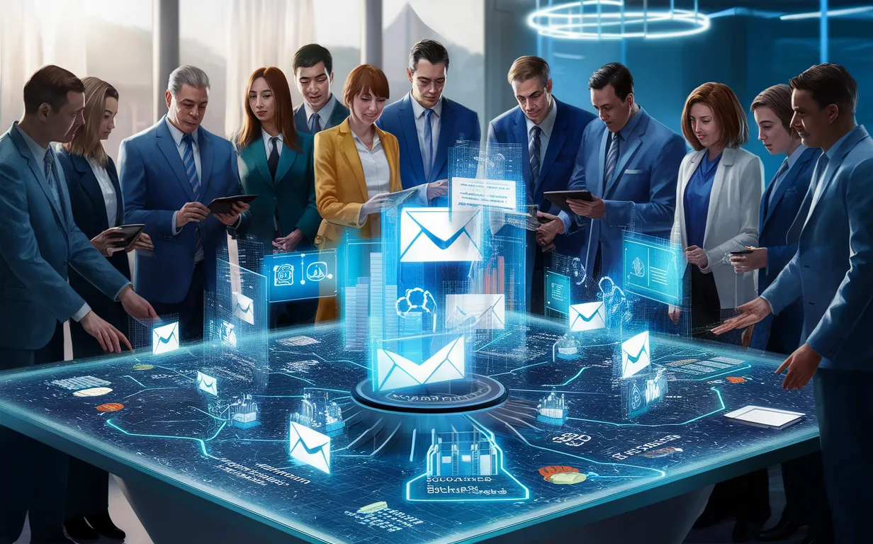 Business professionals collaborating around a digital table with holographic email communications and charts, representing email signature marketing for diverse corporate teams.