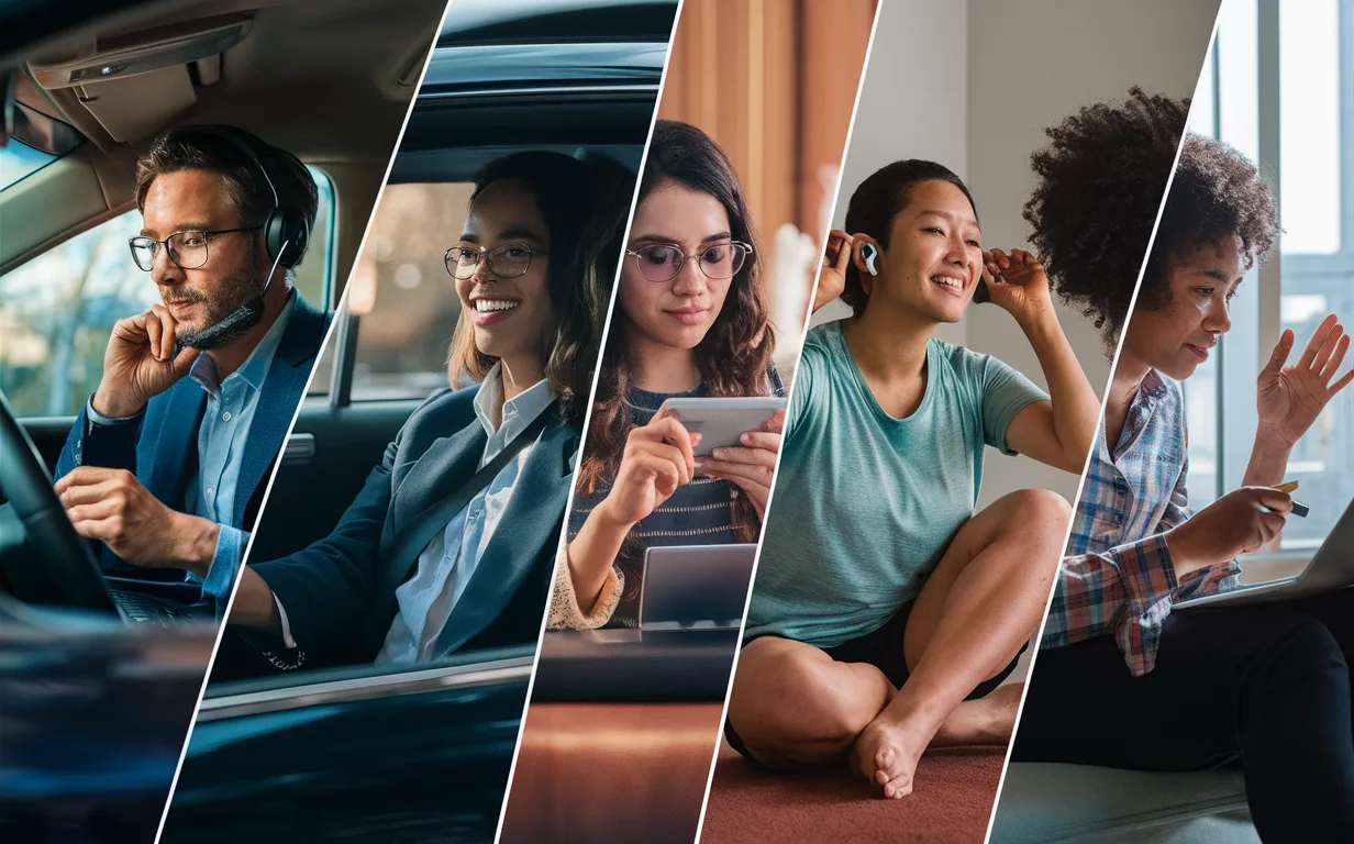 Split-scene realistic image showing diverse users including a busy executive, sales professional, visually impaired person, multitasker, and learner accessing email-to-voice service in various real-life situations.