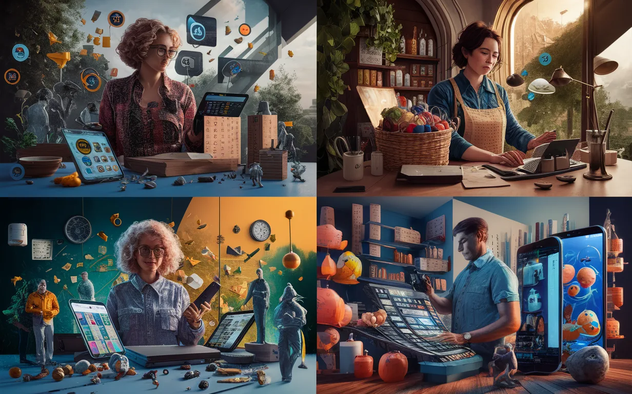 Realistic 4K image showing symbolic representations of various e-commerce service users including online sellers, small business owners, brand marketers, and digital content creators benefiting from automated product image editing.