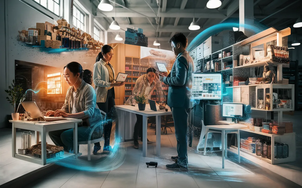Realistic composite image showing small online store owner, mid-sized e-commerce warehouse, Shopify operator, and large online mall, connected by AI-driven product recommendations.
