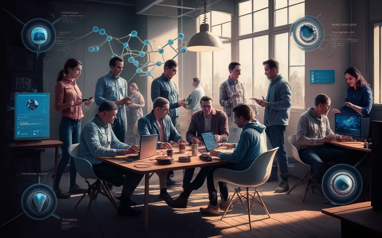 Diverse group of users including tech enthusiasts and privacy advocates connected through a decentralized, privacy-focused social network platform forming intimate, secure digital communities in a bright, modern workspace.