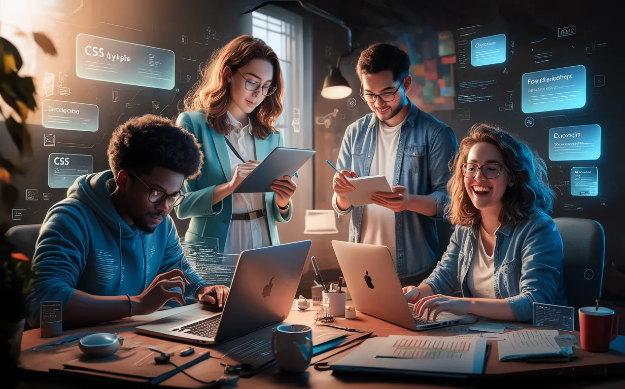 Realistic depiction of four diverse frontend developers—intermediate coder, career switcher, junior developer, and hobbyist—engaged in programming with abstract frontend technology elements around them.