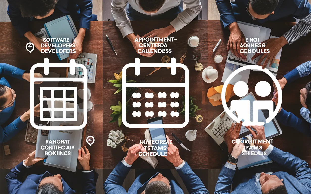 Detailed 4K image showing software developers, appointment-based businesses, and HR professionals using digital scheduling tools to manage appointments and interviews efficiently.