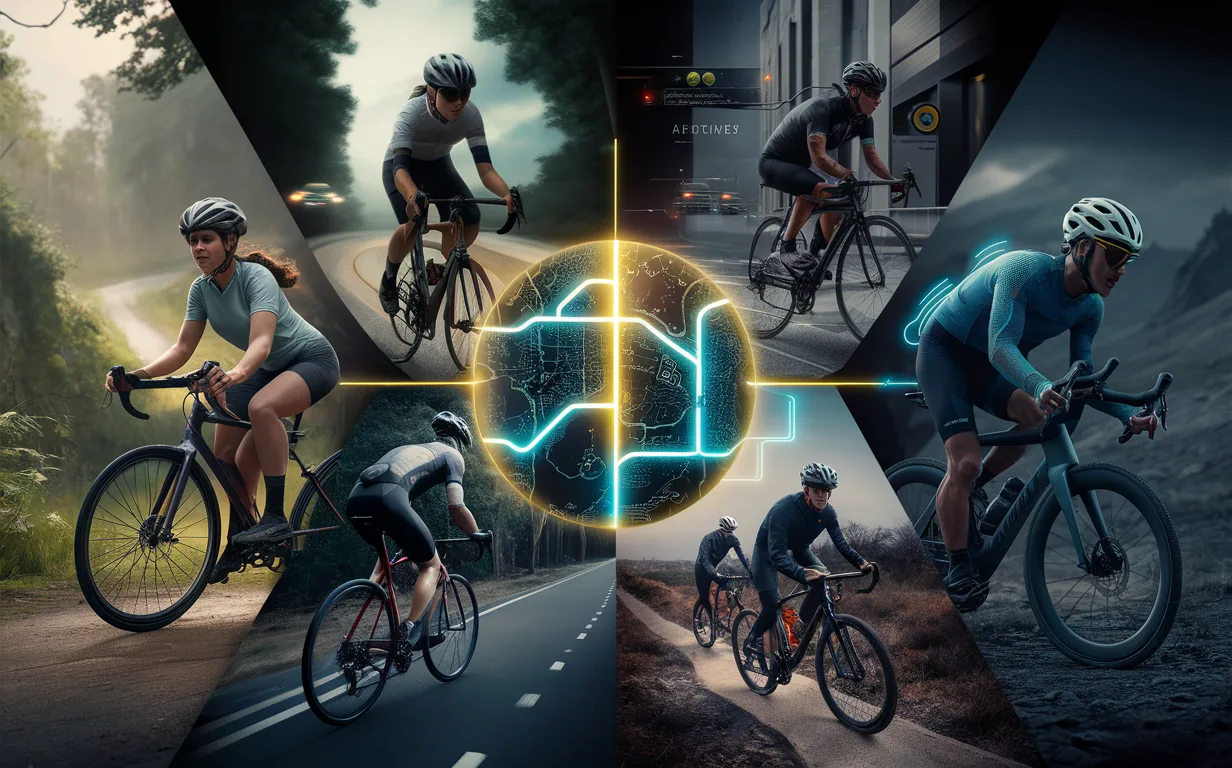 Detailed 4K image showing four types of cyclists—recreational, commuter, sports rider, and tour group—around a glowing digital bike route map, blending nature and urban environments.