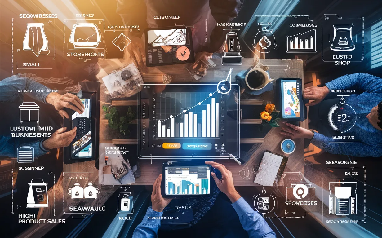 Realistic workspace scene showing diverse e-commerce operators analyzing data and marketing strategies, representing various customer segments served by an e-commerce solution.