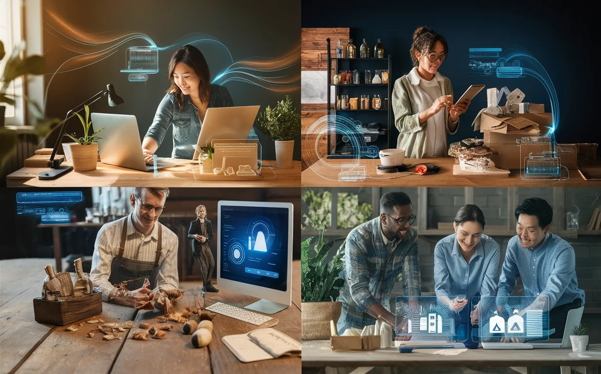 Realistic depiction of diverse small business owners and entrepreneurs using digital devices to build and manage online sales, representing the target users of an accessible e-commerce platform.