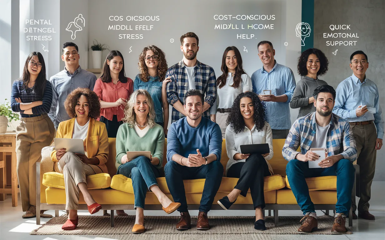 Realistic scene of diverse individuals including stressed professionals and cost-conscious users engaging with accessible mental health peer support in modern, natural work and casual environments.