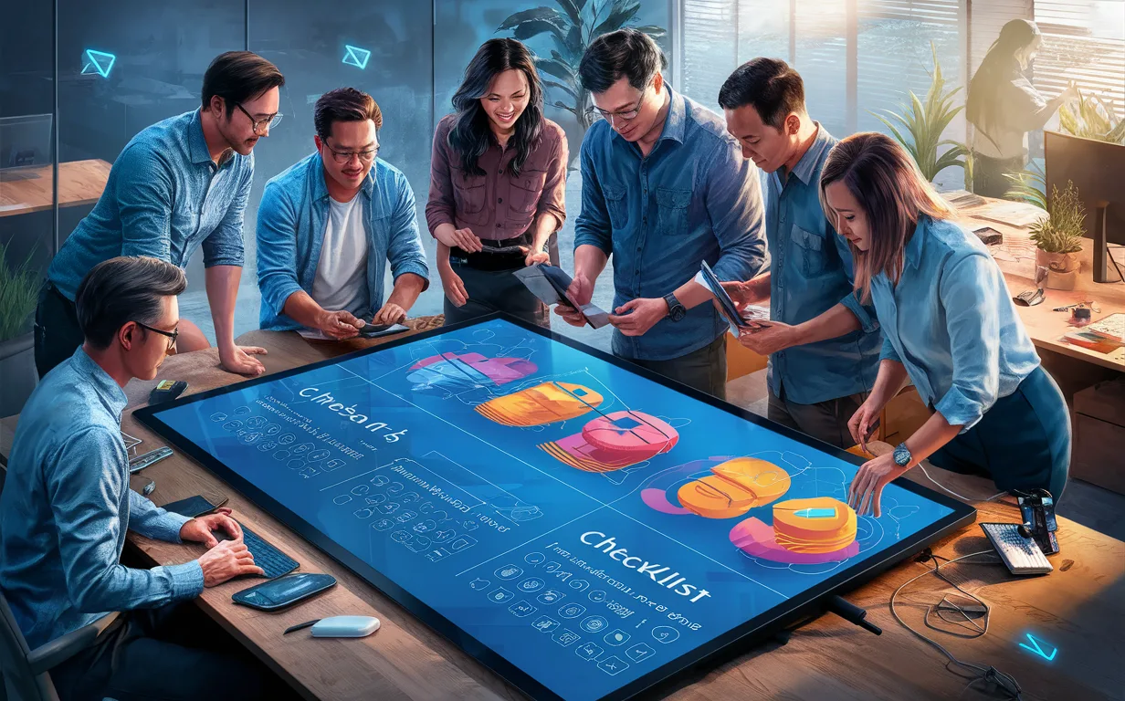 Realistic image of a diverse group of IT professionals collaborating around a digital interface showing a product launch checklist visualization, representing users of the launch checklist platform.