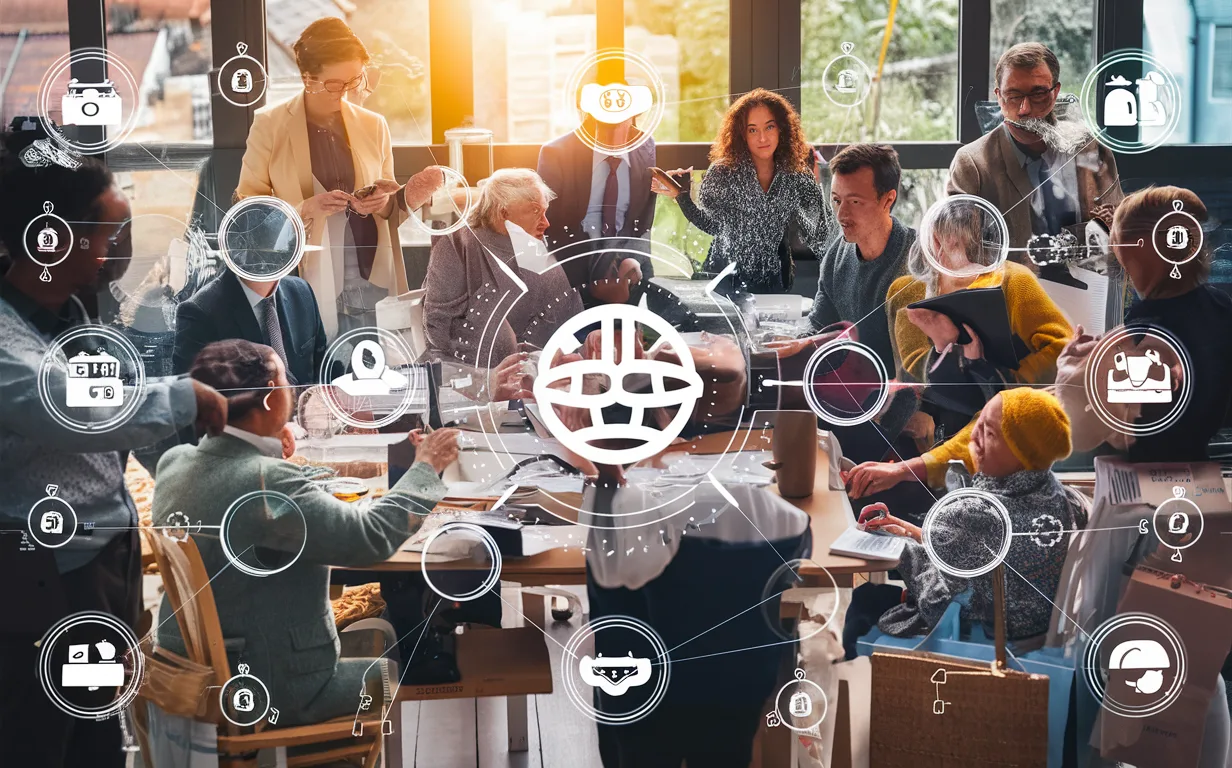 Detailed realistic image showing diverse e-commerce business owners connected via a global affiliate marketing network, emphasizing ease of use and worldwide reach.