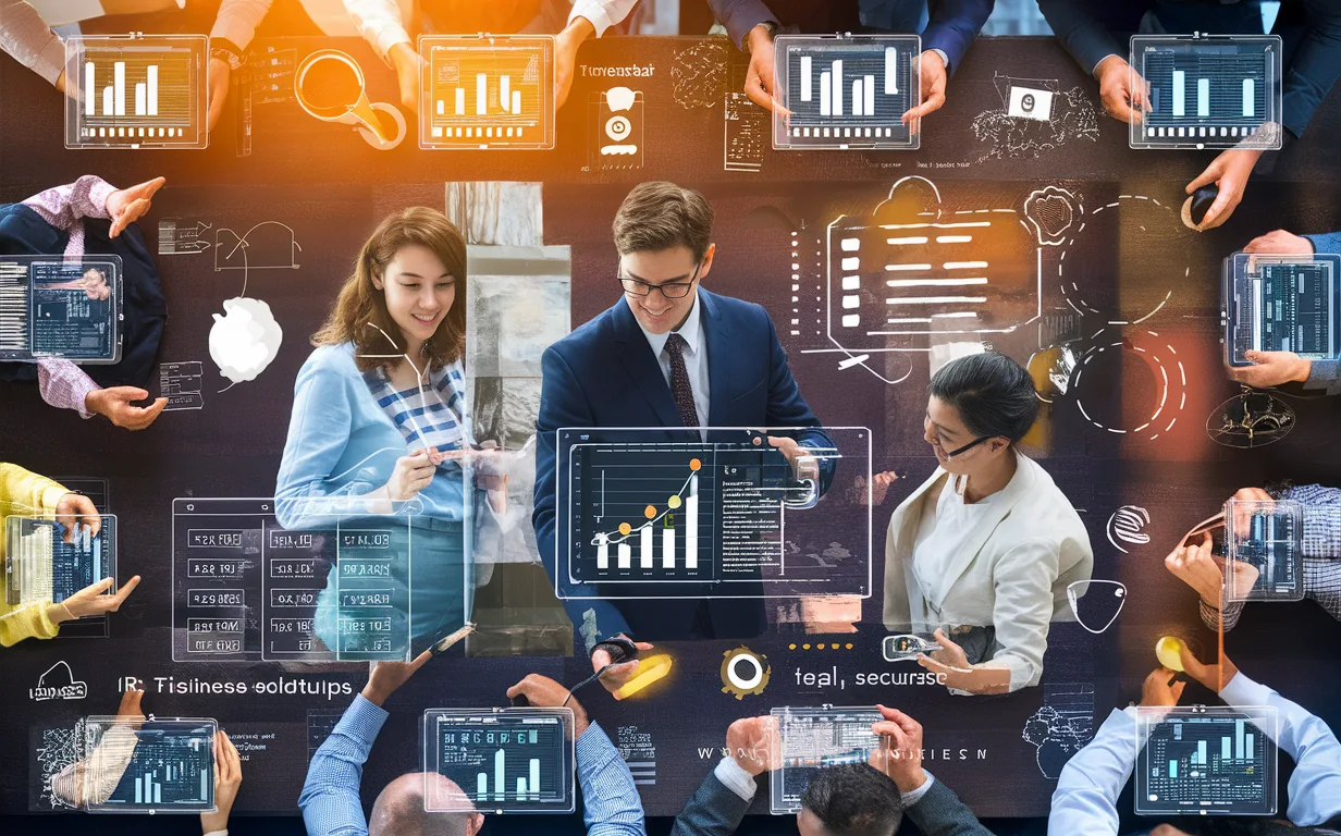 Diverse professionals from various industries using digital devices to analyze and improve team productivity in a bright, modern office setting.