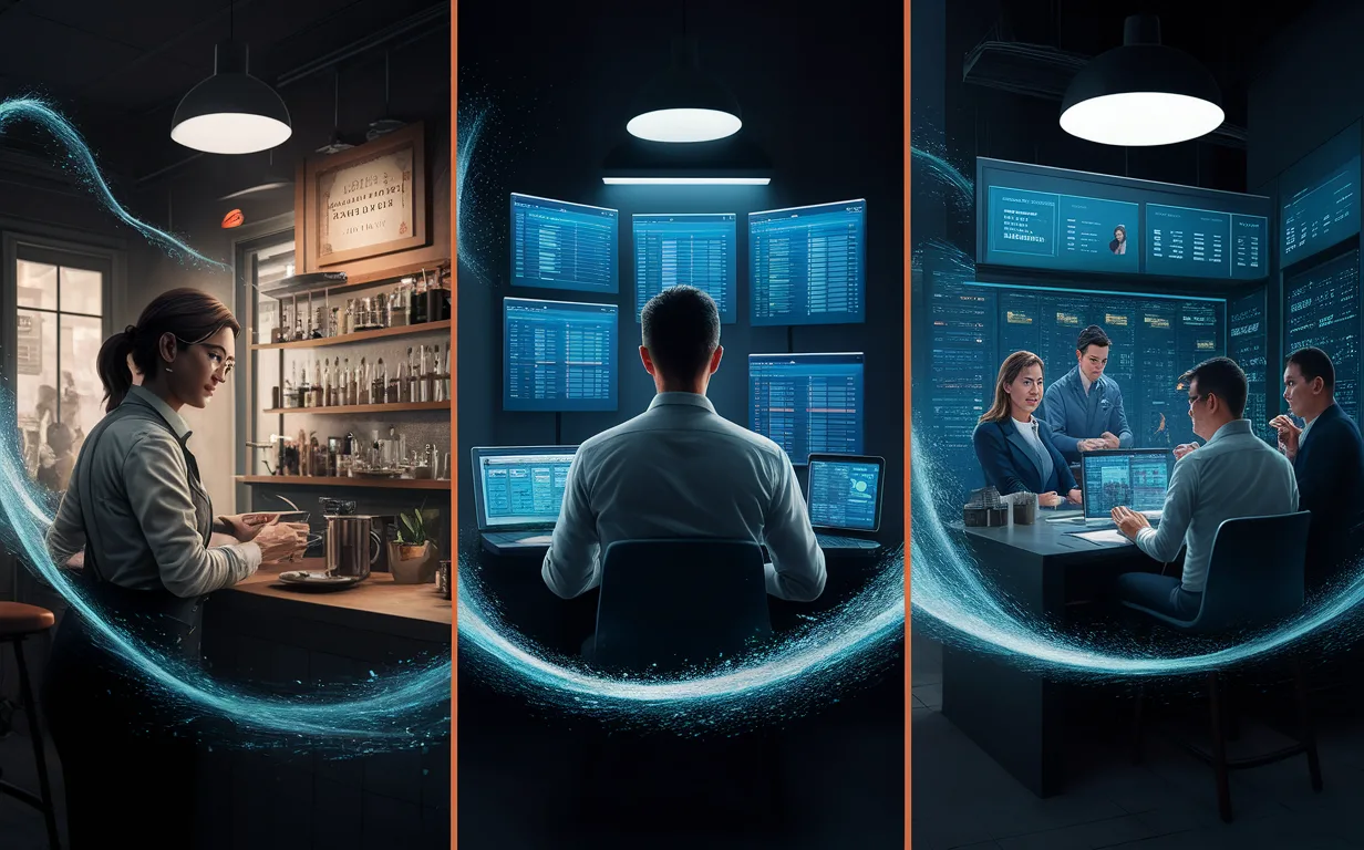 Realistic 4K image illustrating three types of business users managing employee schedules using digital and cloud-based tools in different workplace settings.