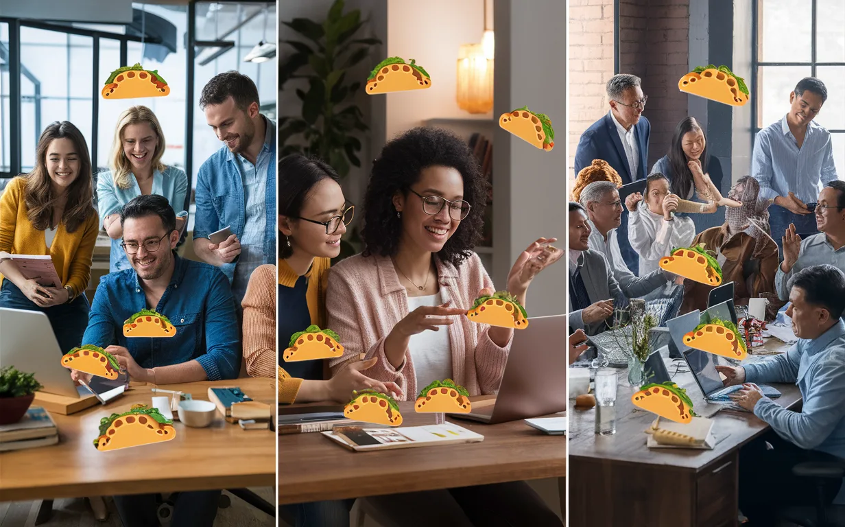 Three different workgroups—a startup team in an office, a remote team video conferencing, and a large corporate meeting—connected by taco-shaped icons symbolizing employee recognition and engagement.