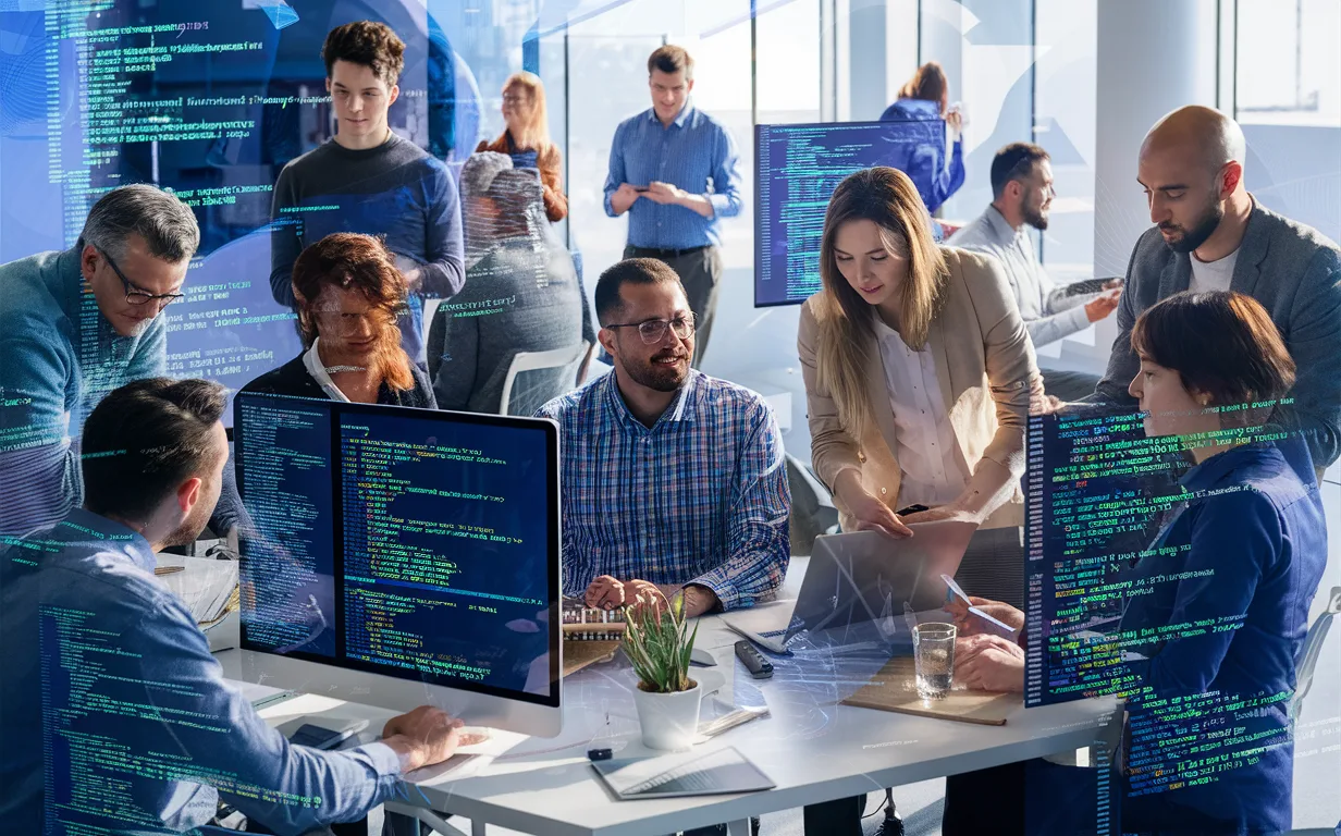 Group of diverse tech professionals collaborating around large screens showcasing visually enhanced code snippets, representing content creators, educators, marketers, open-source managers, and speakers in a bright, modern office.
