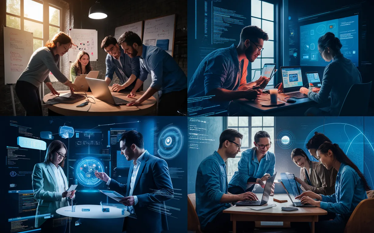Diverse groups of developers including startup teams, freelancers, corporate innovation teams, and students collaborating in modern tech environments, illustrating ProtoCode’s target users.