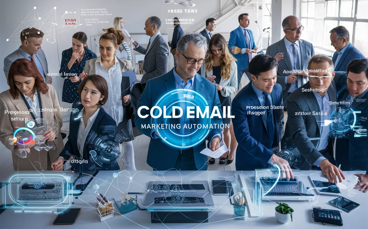 Realistic depiction of diverse B2B professionals from SaaS, services, startups, and small businesses interacting with futuristic digital marketing automation interfaces representing customer targeting and sales efficiency