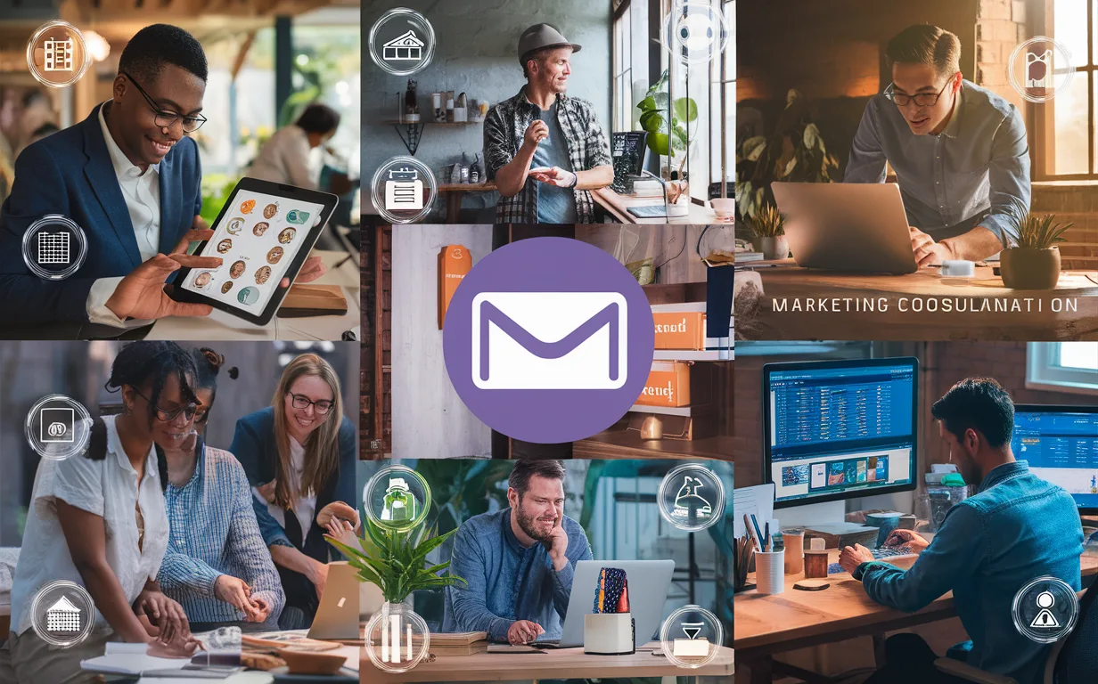 Diverse professionals including a sales rep, startup founder, freelancer, and marketing agent using digital devices in a modern office setting with abstract holograms symbolizing SaaS, finance, real estate, and consulting sectors.