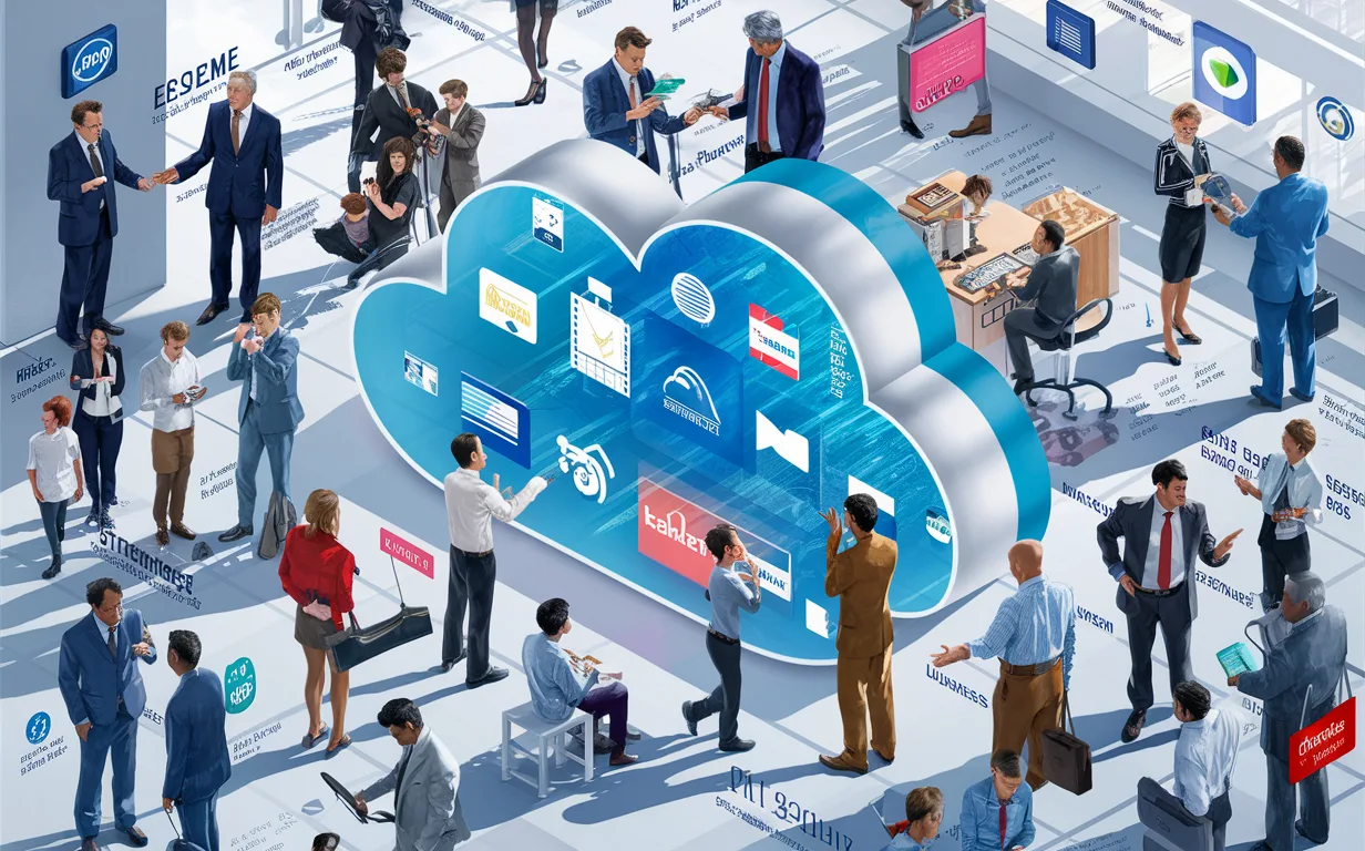 Realistic 4K image of diverse business professionals collaborating around a holographic cloud interface displaying brand asset icons, representing different customer segments using a cloud-based brand asset management platform.