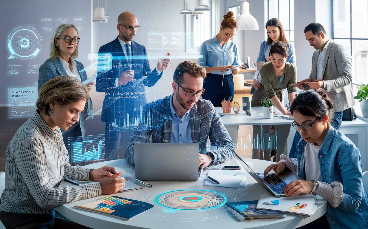 Realistic scene showing various professionals including marketers, SEO experts, business owners, agencies, online store operators, and bloggers using keyword research and SEO tools in a modern, natural-light office.