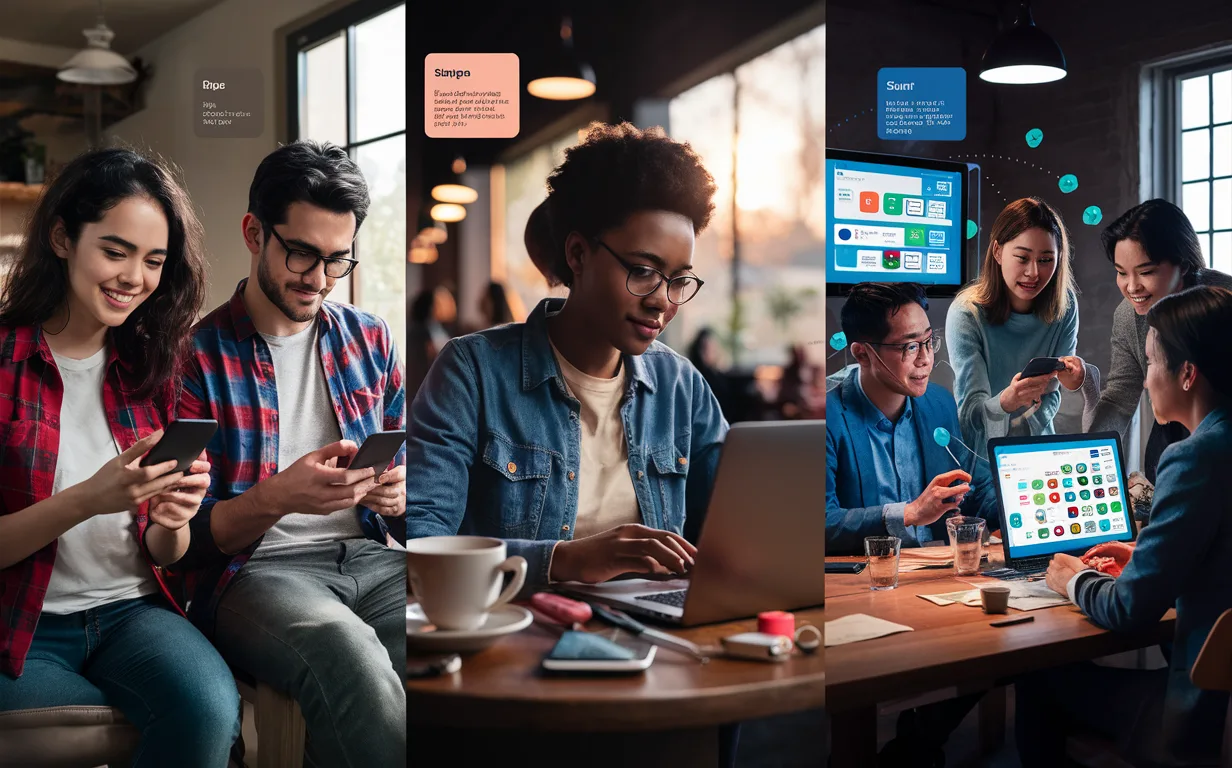 Realistic image showing three user groups of a unified messaging service: digital natives at home, a freelancer in a coffee shop, and a startup team collaborating, all connected through multiple messaging apps in a bright, detailed IT setting.