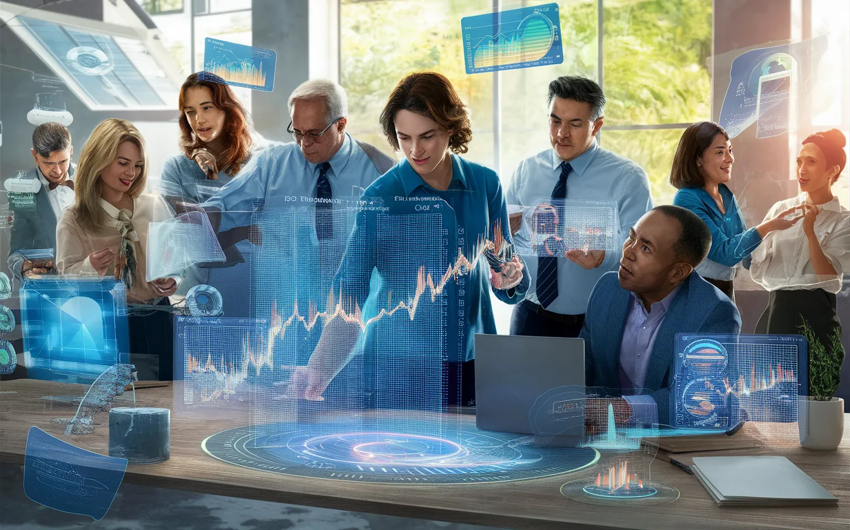 4K realistic image showing diverse professionals engaging with holographic data and 3D charts in a modern office environment, symbolizing data-driven discovery for various business roles.