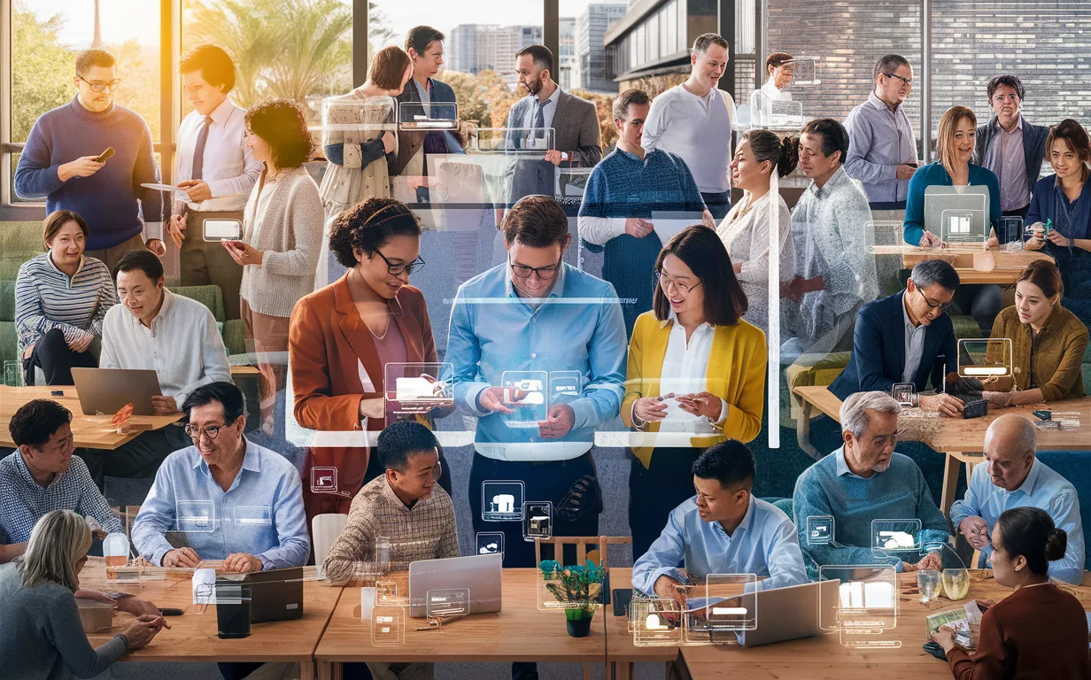 Diverse professionals from startups, remote, project-based, and knowledge organizations collaborating using digital platforms in various modern work environments.