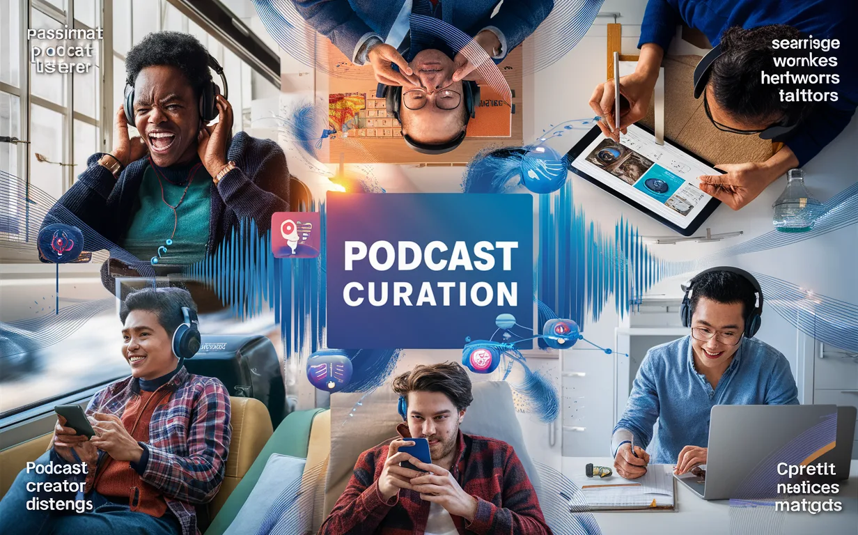 Realistic 4K image showing diverse podcast users including listeners, knowledge workers, commuters, and creators using a cross-platform podcast curation service in various settings with connected devices.