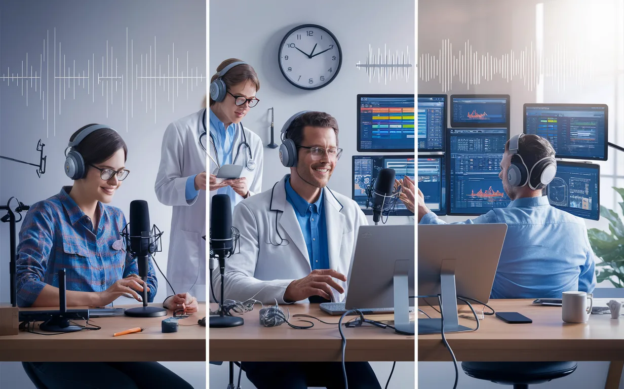 Three distinct podcast creators – a hobbyist, a professional expert, and a corporate media team – working in a bright, modern tech environment symbolizing efficient, high-quality podcast editing services.