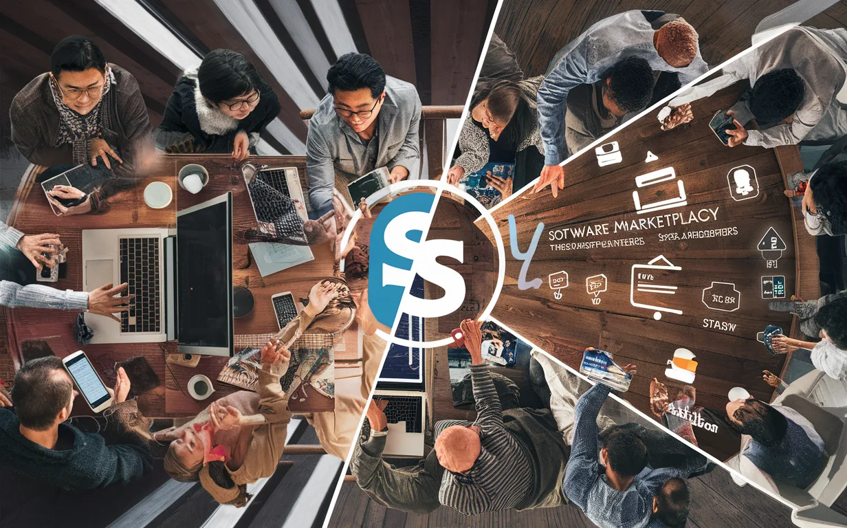 Detailed scene showing buyers like freelancers and startups interacting with software developers and SaaS sellers in a bright, modern office, representing the dual customer segments of a software marketplace.