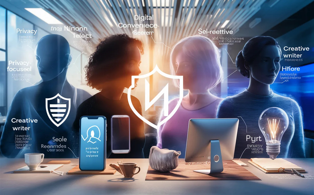 Four diverse digital users representing privacy-focused recorders, convenience seekers, self-reflective individuals, and creative writers in a secure online diary service environment.