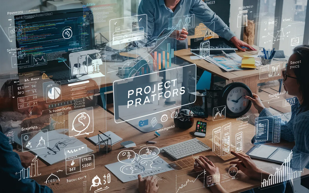 Visual representation of diverse service companies like digital agencies, software developers, consulting and professional service firms collaborating on project management and profitability optimization using a high-tech digital platform.