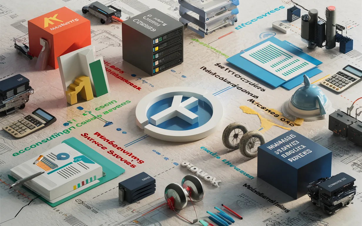 Detailed visualization of multiple professional service sectors like marketing, IT, accounting, engineering, and managed services connected by digital workflows in a modern, well-lit setting.