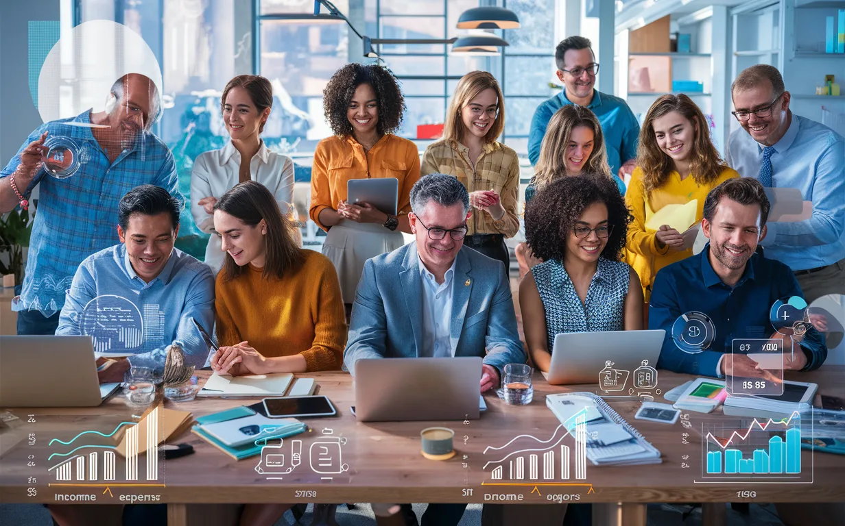 A diverse group of freelancers and small business owners working together in a modern office, surrounded by digital tools representing intuitive financial management and project tracking.