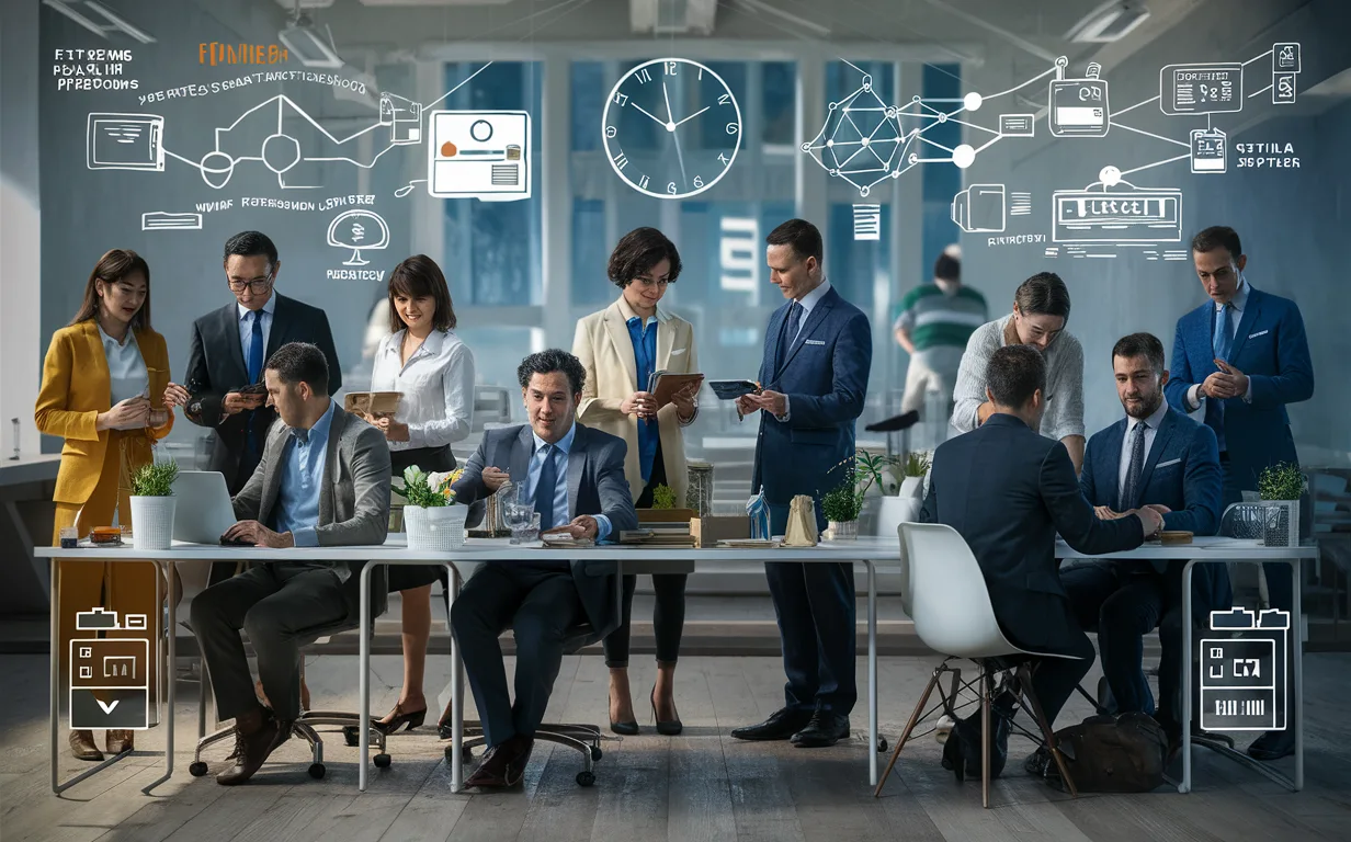 Detailed, realistic image of diverse freelancers including experienced and new professionals such as designers, developers, and marketers, working efficiently with digital project sourcing and time management concepts in a modern office.